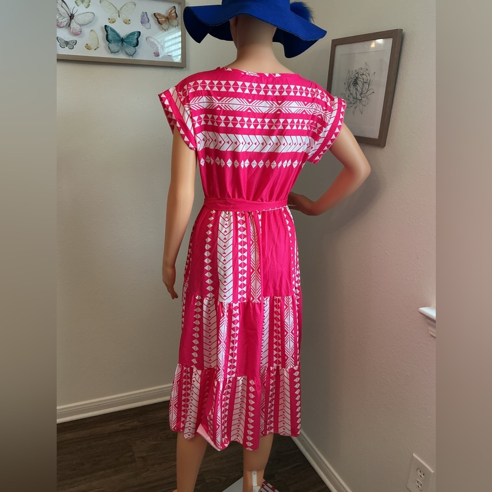 C+D+M Pink Printed Midi Dress Boho Tie Waist Short Sleeve S - Picture 3 of 8